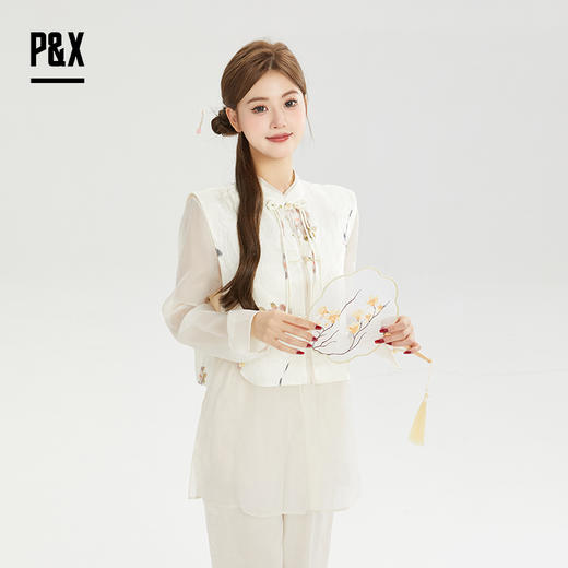 P&X设计师女装秋季中式复古衬衣两件套短款上衣 824315278 花色 商品图0