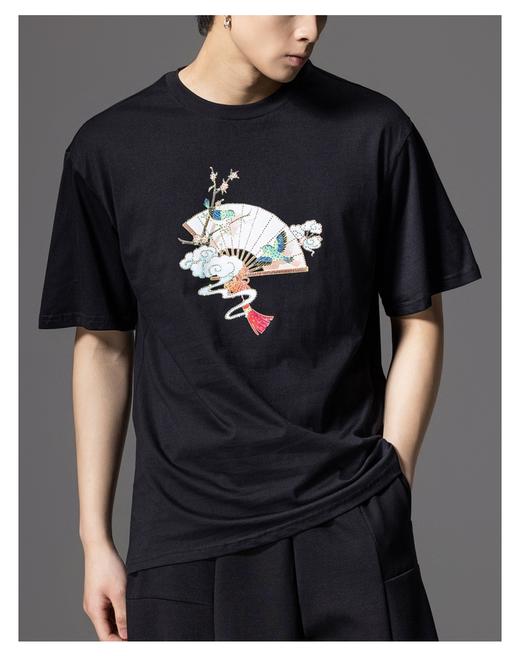 PINLI品立新中式2024夏季新款男装中国风烫钻印花圆领短袖T恤上衣BG242111022 商品图9