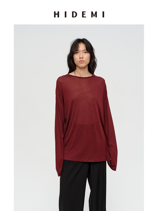 HIDEMI凉感超薄清透皮肤衣系列圆领oversize宽松慵懒长袖面膜T恤 朱红色/豆沙灰绿/烟草灰/深藏青/自然白 商品图7