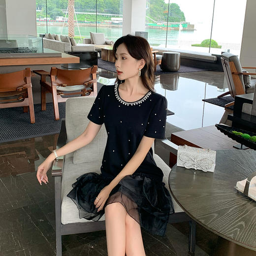 [奢姿轻奢系列]网纱拼接连衣裙大码女装夏季新款胖妹妹荷叶摆裙子8942890029 商品图1