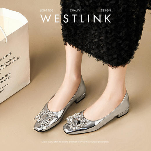 西遇低跟法式单鞋新款早春气质通勤百搭女鞋方钻银色浅口船鞋V0047338 商品图2