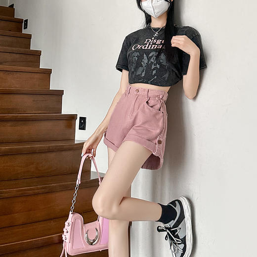 西遇C蓝色卷边牛仔短裤女夏季新款早秋高腰显瘦A字辣妹热裤SS140092 商品图3