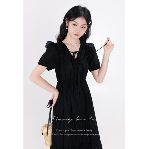 鹿向南「夜巴黎」法式夏季黑色短袖连衣裙2025新款气质高腰裙子女 商品图2
