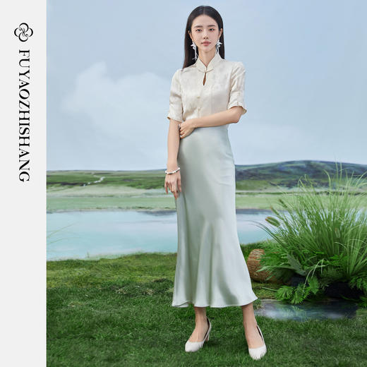 FUYAO扶摇 国风两件套女2024夏季短袖新中式提花上衣鱼尾裙套装夏 商品图4