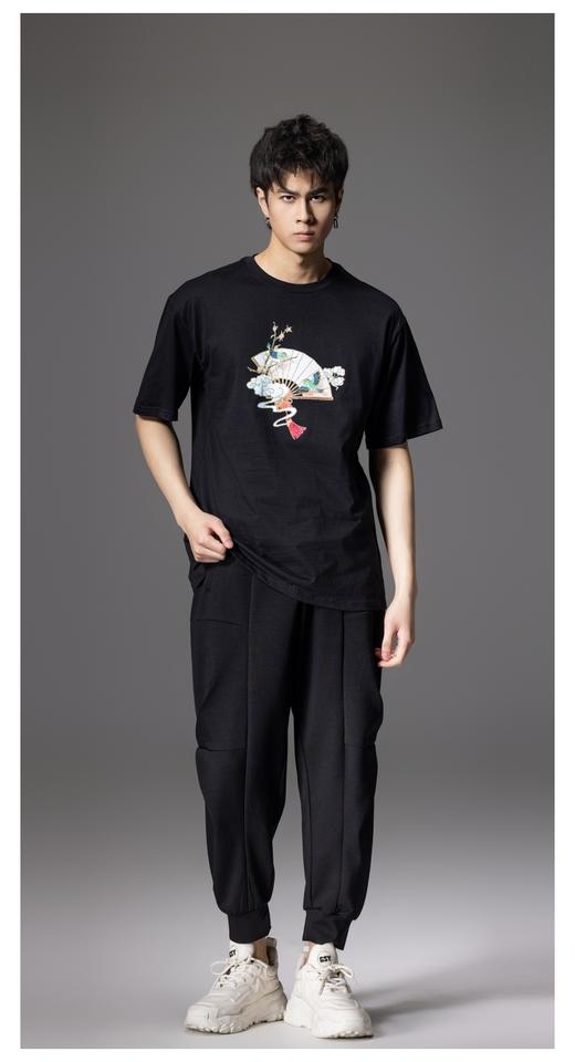 PINLI品立新中式2024夏季新款男装中国风烫钻印花圆领短袖T恤上衣BG242111022 商品图8