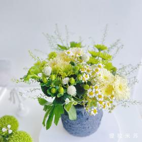 【绿野仙踪】香草沙拉小雏菊2支+绿精灵小雏菊3支+绿豆1支+白色千日红1支+洋甘菊2支+绿灵草1支（提拉米苏设计）