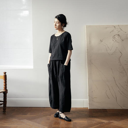 绽放350朵【黑白灰系列·纳凉裤】文艺阔腿亚麻大口袋宽松长裤 商品图3