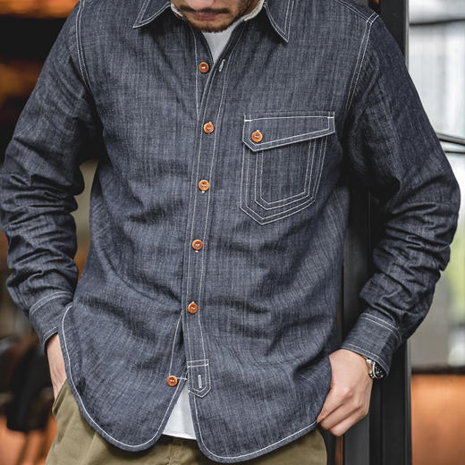 工装优选 美式复古长袖西部牛仔丹宁衬衫外穿咔叽硬汉衬衣男春季薄 商品图4
