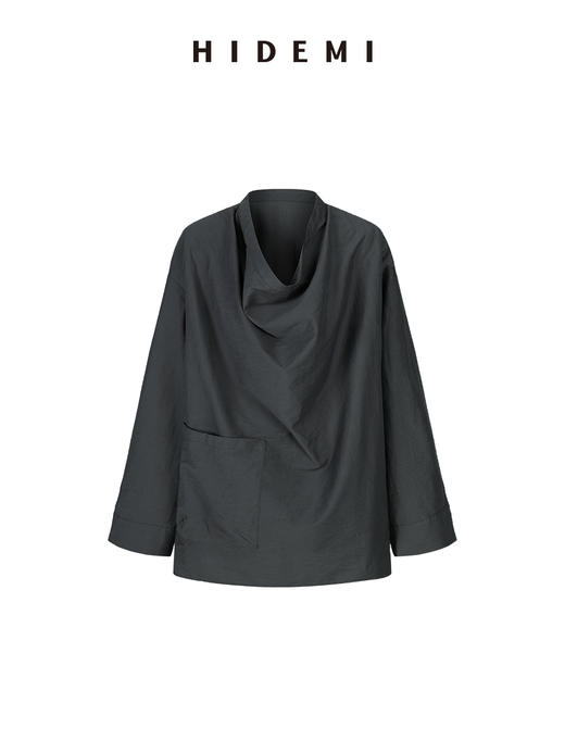 HIDEMI 极简做旧水洗棉堆堆领口袋廓形感衬衫 雾霾灰蓝/炭灰色 商品图6