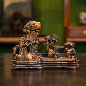 清 张宏裕款竹雕山水山子摆件（红木座）