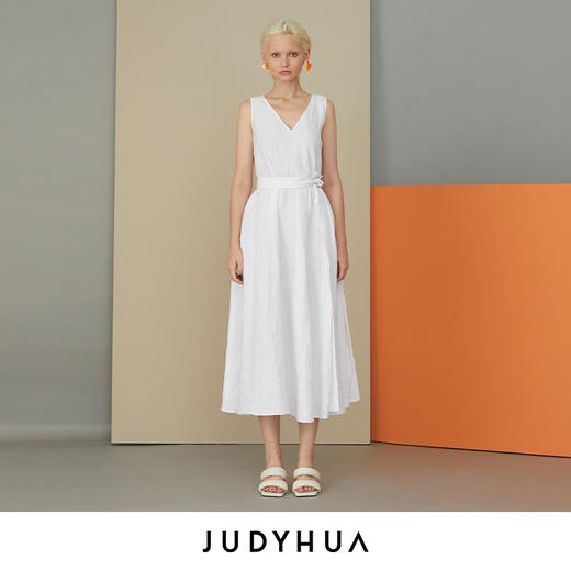 JUDYHUA 亚麻V领收腰连衣裙 商品图0