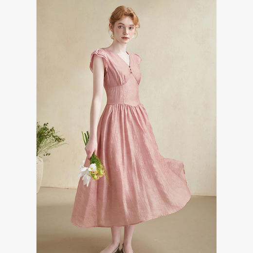 设计感文艺风荷叶飞飞袖连衣裙女V领收腰A摆连衣裙V2241831 商品图3