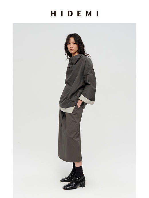 HIDEMI 极简做旧水洗棉堆堆领口袋廓形感衬衫 雾霾灰蓝/炭灰色 商品图2