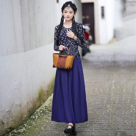 SJ2005蓝+1623蓝 2024新中式复古改良网纱长袖上衣国风印花民族风丝麻刺绣阔腿裙裤 商品图1