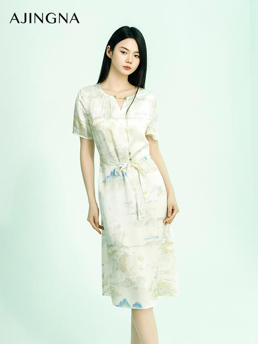 【商场同款】阿菁娜2024夏季新款新中式水墨画收腰连衣裙A30X212075 商品图0