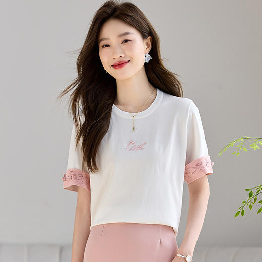 撞色刺绣短袖t恤，设计感小众体恤宽松正肩上衣CC-J713 商品图3