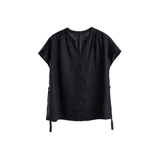 绽放481朵【黑白灰系列·俏佳人】文艺砂洗亚麻T恤小衫V领短袖 商品图4