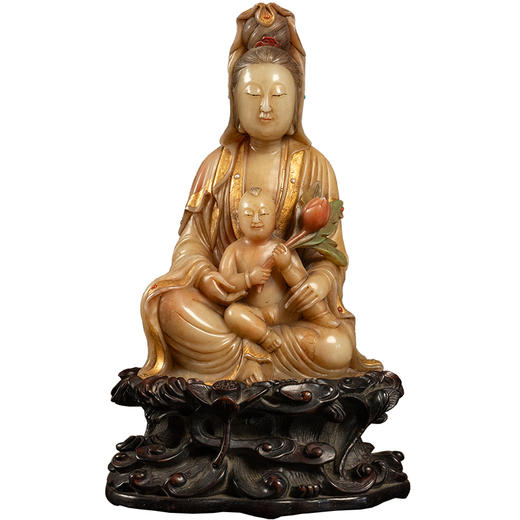 清 寿山石描金彩绘童子观音像（红木座） 商品图5