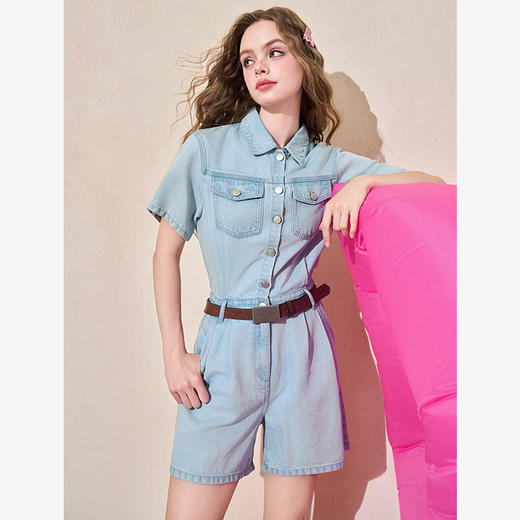 轻薄透气正肩水洗牛仔连体裤女夏季衬衫领收腰连体裤V1641413 商品图3