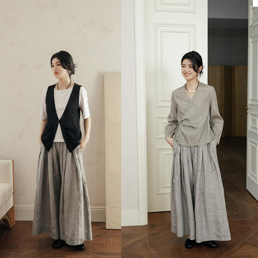 绽放343朵【黑白灰系列·灰武士】色织亚麻休闲裤宽松阔腿裤 商品图2