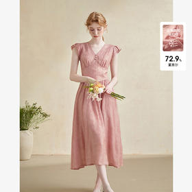 设计感文艺风荷叶飞飞袖连衣裙女V领收腰A摆连衣裙V2241831