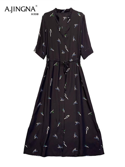 【轻国风】阿菁娜吉祥小鸟印花桑蚕丝连衣裙F29X212060 商品图4