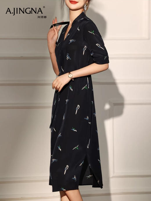 【轻国风】阿菁娜吉祥小鸟印花桑蚕丝连衣裙F29X212060 商品图3