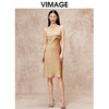 VIMAGE纬漫纪气质通勤纯色无袖一字肩缎面驼色连衣裙秋季新款V2207812 商品缩略图0