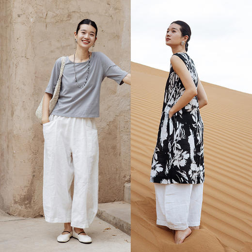 绽放350朵【黑白灰系列·纳凉裤】文艺阔腿亚麻大口袋宽松长裤 商品图1