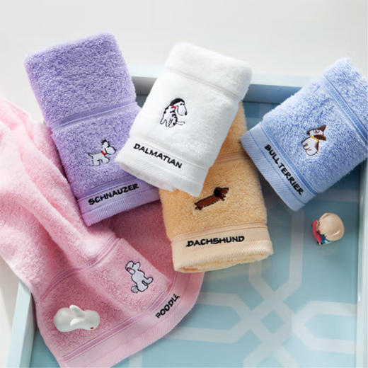 洁丽雅（Grace）毛巾家纺 纯棉儿童洗脸毛巾家用 舒适柔软可爱小狗面巾 50*25cm （白+紫+红+兰） 四条装 商品图2