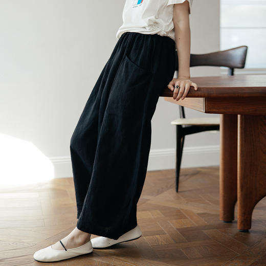 绽放350朵【黑白灰系列·纳凉裤】文艺阔腿亚麻大口袋宽松长裤 商品图2