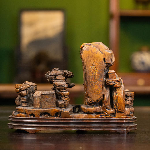 清 张宏裕款竹雕山水山子摆件（红木座） 商品图1