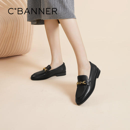 千百度通勤低跟乐福鞋女款秋季小皮鞋豆豆鞋羊皮单鞋正装A24450128 商品图0