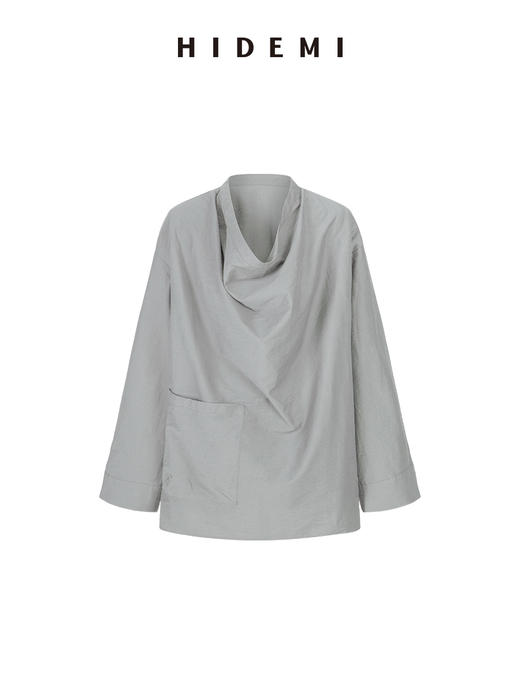 HIDEMI 极简做旧水洗棉堆堆领口袋廓形感衬衫 雾霾灰蓝/炭灰色 商品图7