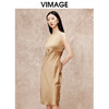 VIMAGE纬漫纪气质通勤纯色无袖一字肩缎面驼色连衣裙秋季新款V2207812 商品缩略图1