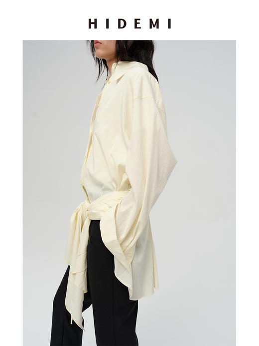 HIDEMI 极简设计感腰部围裹丝巾燕尾系带式多穿连衣裙衬衫 艺术灰/奶油米 商品图8