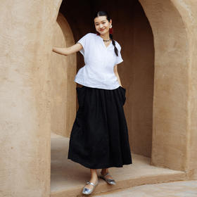 绽放463朵【黑白灰系列·麦兜】砂洗亚麻大裙摆设计感口袋半身裙