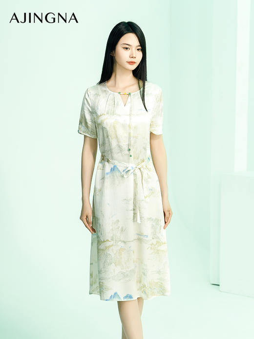 【商场同款】阿菁娜2024夏季新款新中式水墨画收腰连衣裙A30X212075 商品图1
