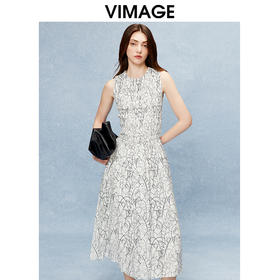 VIMAGE纬漫纪舒适无袖收腰a字印花连衣裙夏季新款V2207809