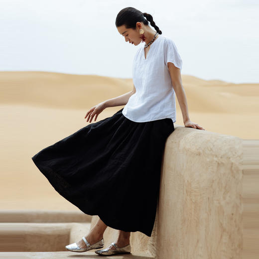 绽放463朵【黑白灰系列·麦兜】砂洗亚麻大裙摆设计感口袋半身裙 商品图2