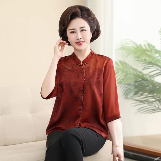 A5668夏装真丝桑蚕丝上衣女洋气中式妈妈装中袖衬衫中老年女装薄款衬衣 商品图5