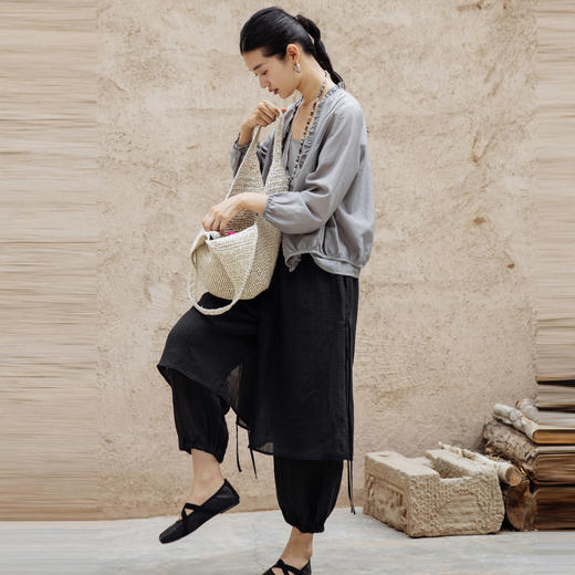 绽放477朵【黑白灰系列·松弛感】天丝亚麻假两件束脚灯笼裙裤 商品图3