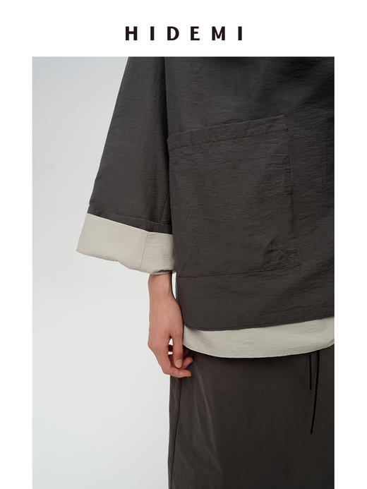 HIDEMI 极简做旧水洗棉堆堆领口袋廓形感衬衫 雾霾灰蓝/炭灰色 商品图5