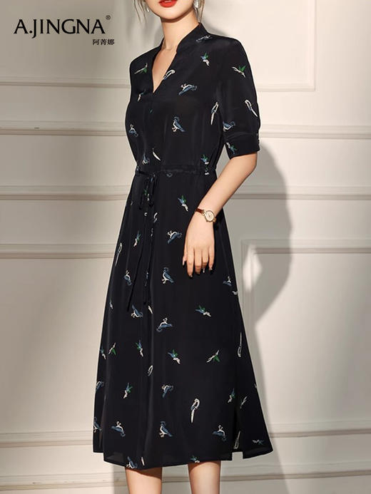 【轻国风】阿菁娜吉祥小鸟印花桑蚕丝连衣裙F29X212060 商品图2