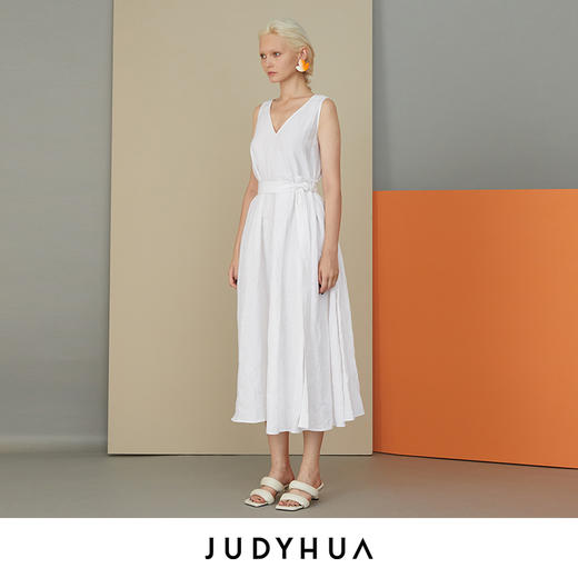 JUDYHUA 亚麻V领收腰连衣裙 商品图1