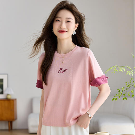 撞色刺绣短袖t恤，设计感小众体恤宽松正肩上衣CC-J713 商品图2