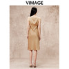 VIMAGE纬漫纪气质通勤纯色无袖一字肩缎面驼色连衣裙秋季新款V2207812 商品缩略图4
