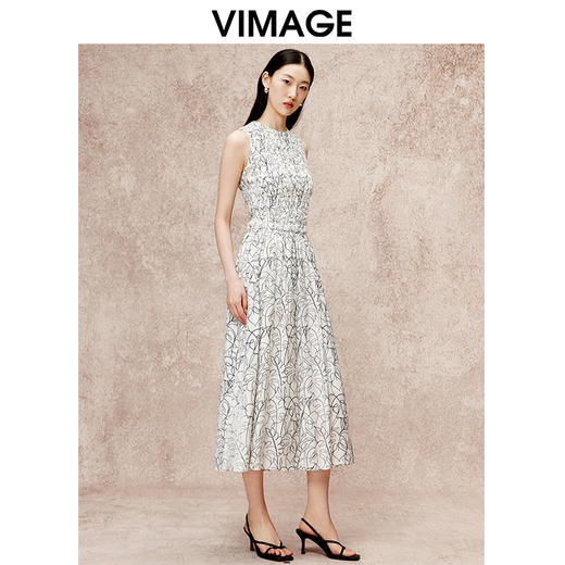 VIMAGE纬漫纪舒适无袖收腰a字印花连衣裙夏季新款V2207809 商品图3