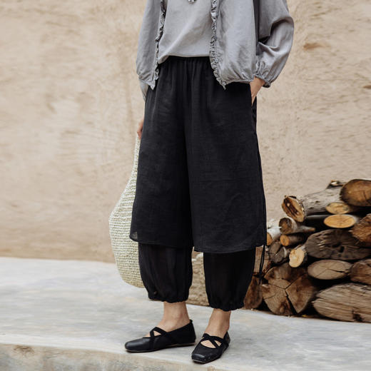 绽放477朵【黑白灰系列·松弛感】天丝亚麻假两件束脚灯笼裙裤 商品图0