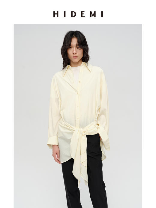 HIDEMI 极简设计感腰部围裹丝巾燕尾系带式多穿连衣裙衬衫 艺术灰/奶油米 商品图7